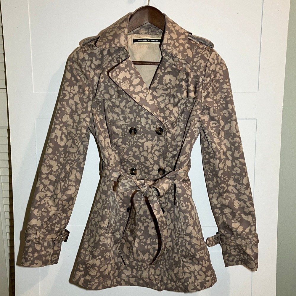 Daughters of the Liberation Taupe Leopard‎ Print Trench Coat Size 4 Edgy Belted